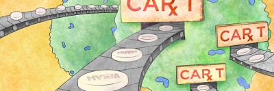 Illustration of CAR T cells with conveyor belts leading out of them carrying HVEM protein in tablet form.